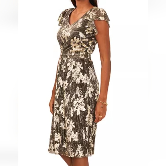 COPY - Vince Camuto Metallic Floral Print Flutter Sleeve Dress SZ LARGE REG PRI… - Picture 2 of 5